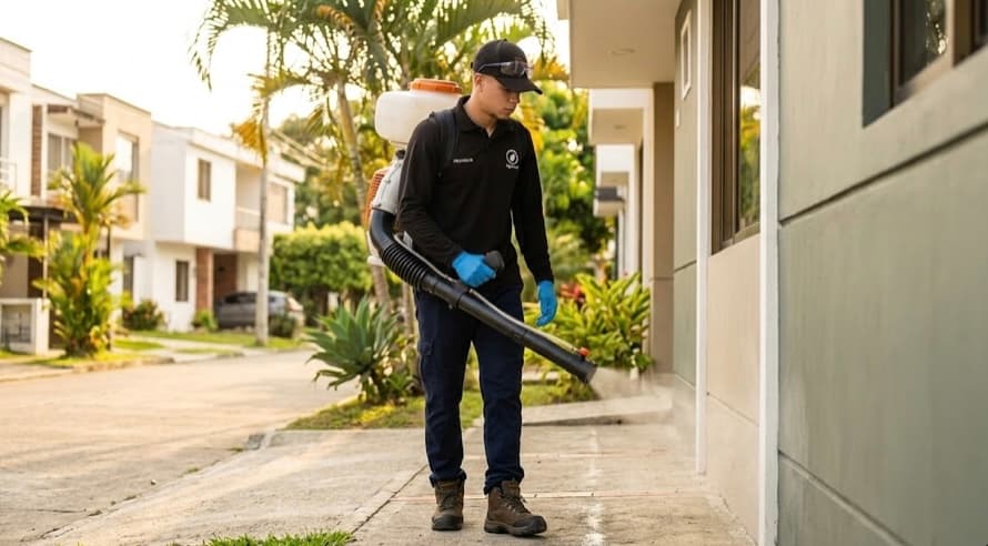 Técnico de AGROINCOL realizando fumigación profesional en Bucaramanga