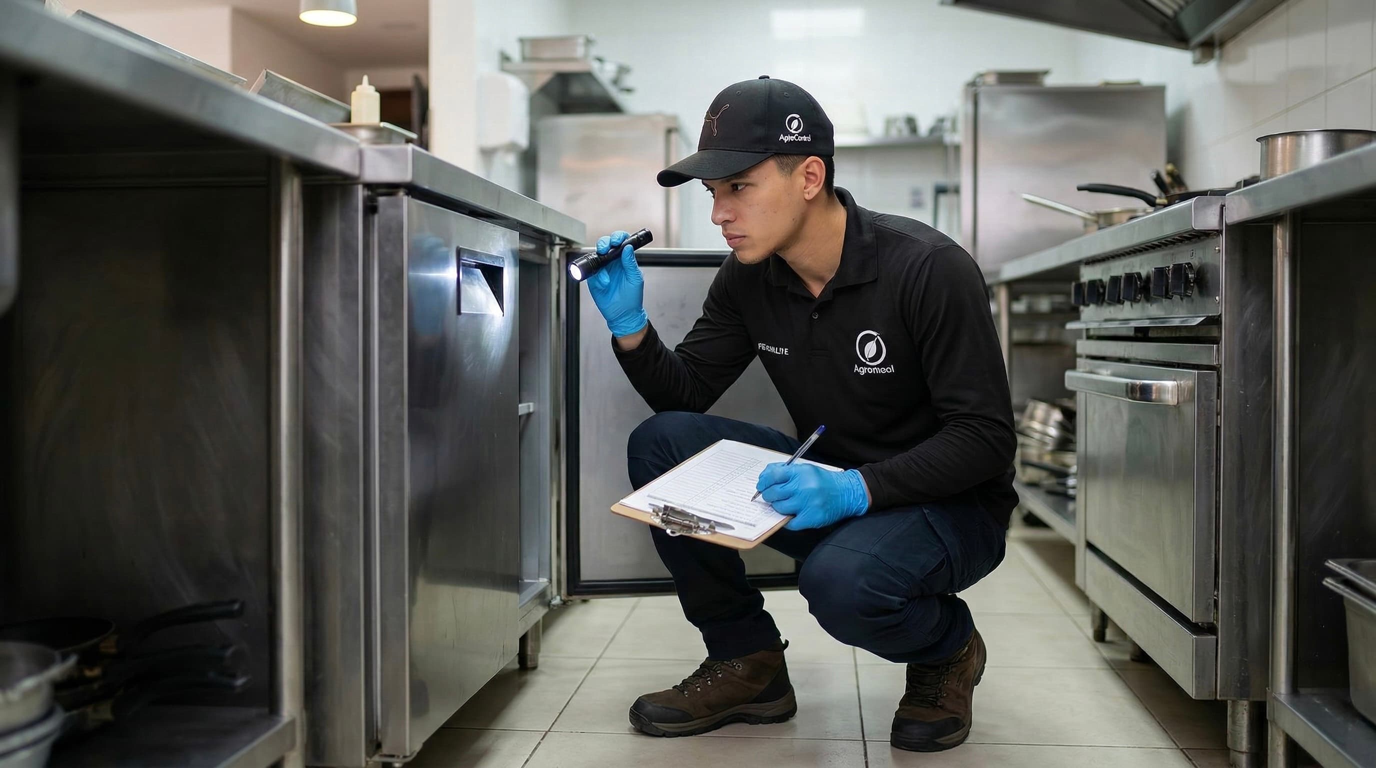 Técnico de AGROINCOL inspeccionando cocina de restaurante en Bucaramanga